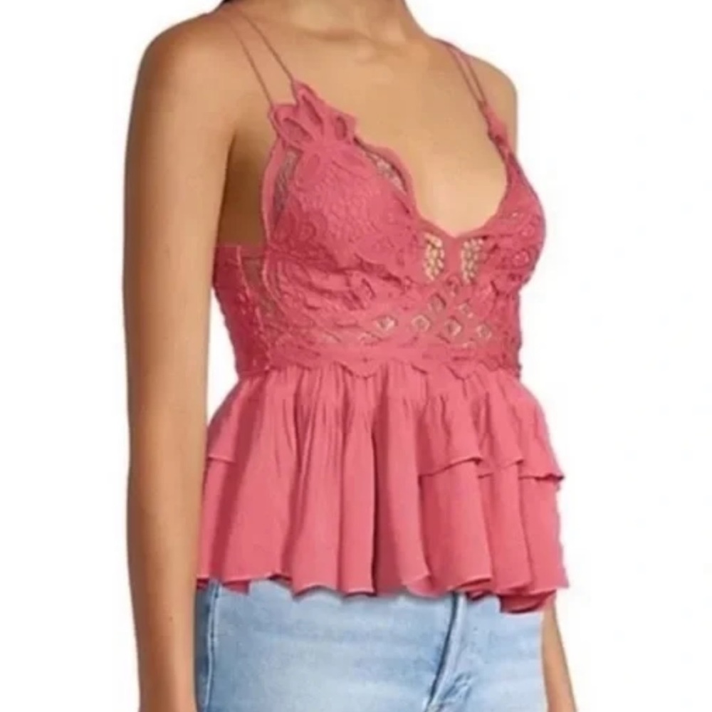 Free People Intimately Adella Lace Ruffle Blouse in Sweet Red size small